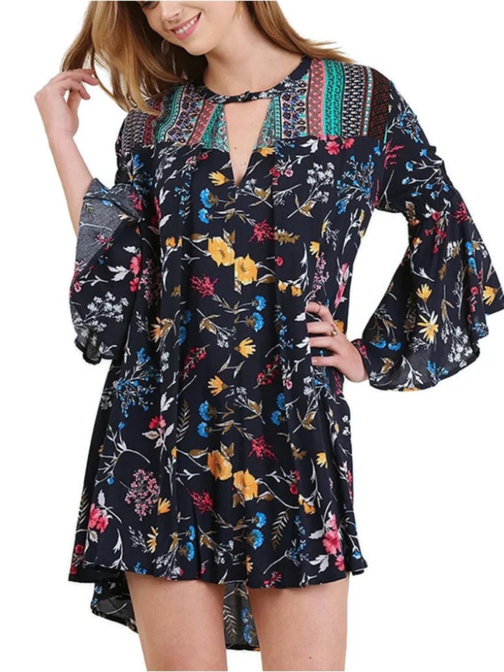 Umgee Floral Bell Sleeve Dress Navy Mix Boho Patchwork XL EUC